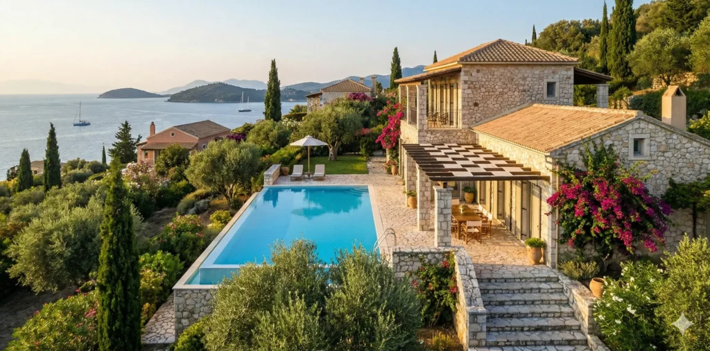 Traditional stone holiday villa in Corfu nestled in greenery with a private swimming pool and garden.